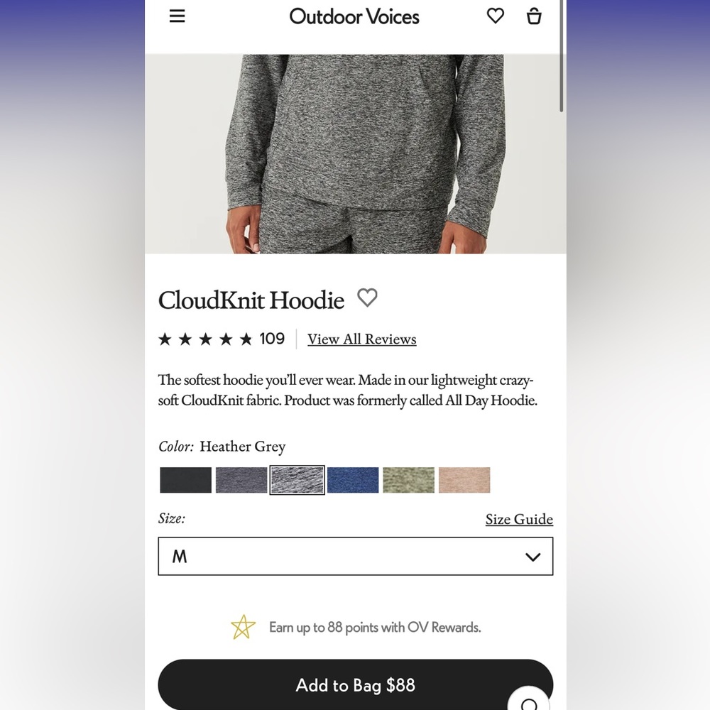 Outdoor Voices Cloud Knit Hoodie - Small - Light Grey